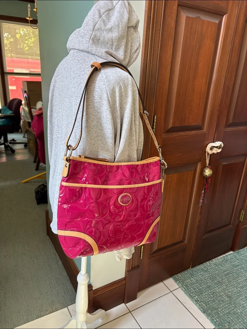 Coach Peyton Patent convertible bag Shoulder/Crossbody Fuchsia /Tan leather Trim